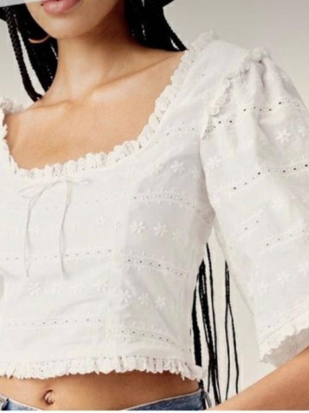 For Love & Lemons Iris Eyelet Blouse Cream Milkmaid Ruffled Cropped Cottage XL
